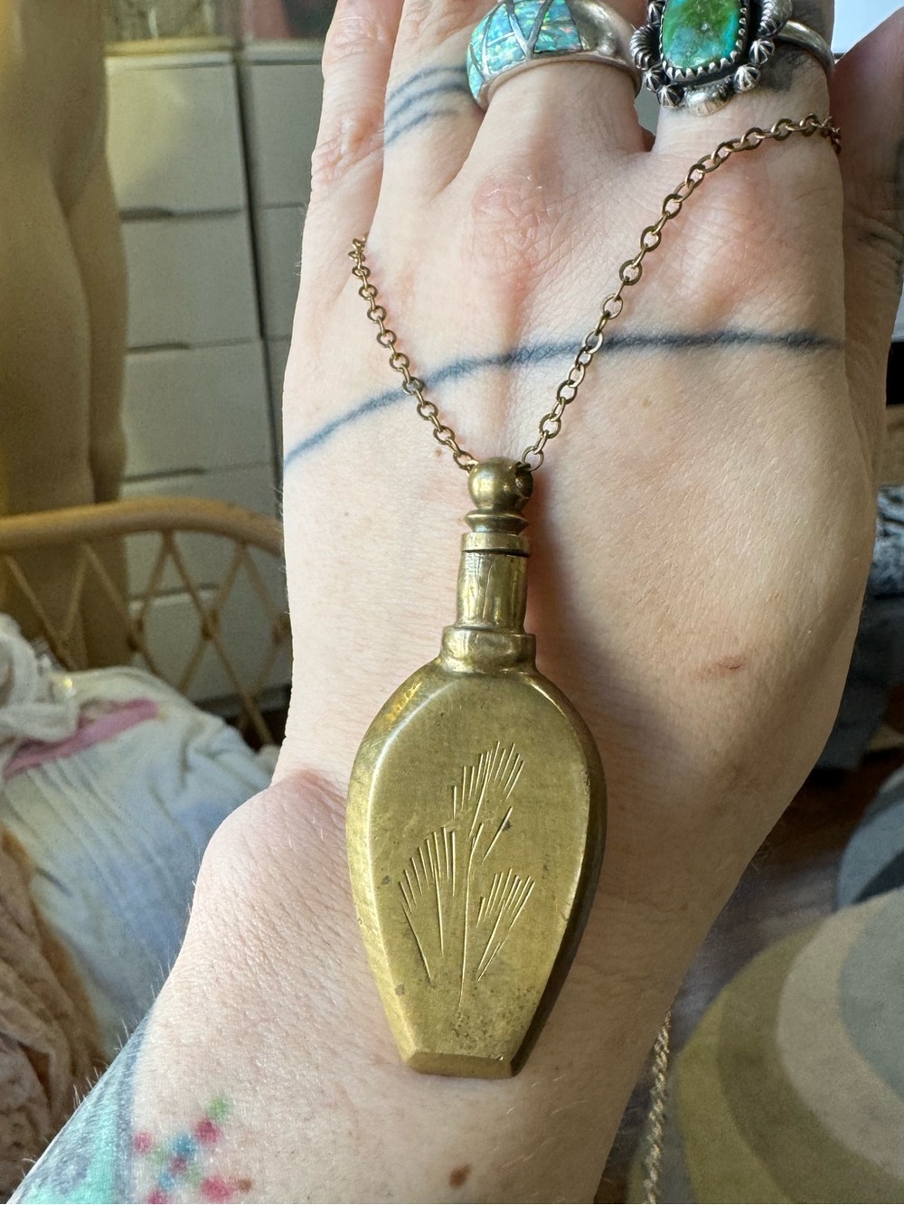 Vintage Gold Engraved Pendant Bottle Necklace
